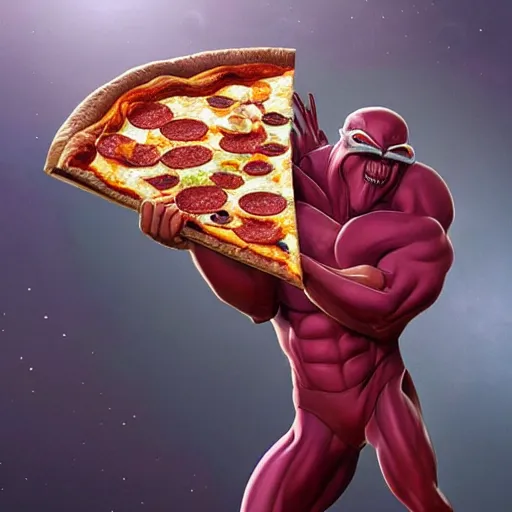 Image similar to ultra realistic illustration of the noid stealing a pizza from thanos, intricate, elegant, highly detailed, digital painting, artstation, concept art, smooth, sharp focus, illustration, art by artgerm and greg rutkowski and alphonse mucha