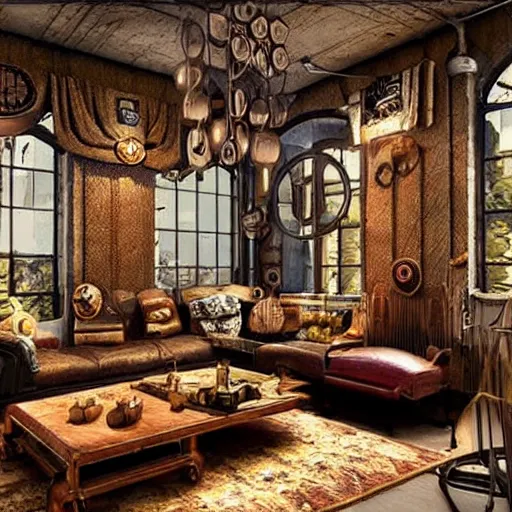 Image similar to steampunk living room, interior design, steam