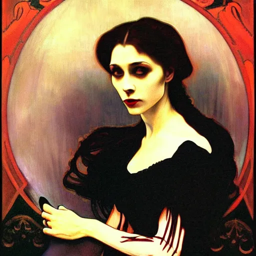 Prompt: a beautiful painting of a lady vampire, victorian, dracula, ominous, oil on canvas, photorealism, alphonse mucha, caravaggio, irwin penn, high definition, soft light