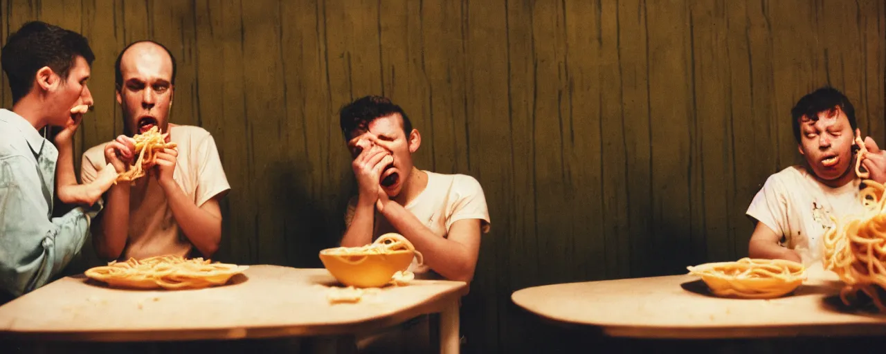 Image similar to a person puking up spaghetti while another person eats it, canon 5 0 mm, cinematic lighting, photography, retro, film, kodachrome