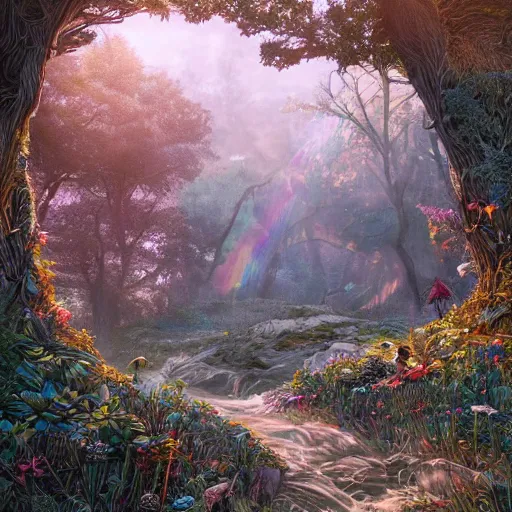 Prompt: beautiful, wistful, aesthetic landscape of an open forest, illustration by kim jung gi, rainbow colored, extremely detailed, intricate linework, sharp focus, bright colors, octopath traveler, final fantasy, unreal engine 5 highly rendered, global illumination, radiant light, detailed and intricate environment