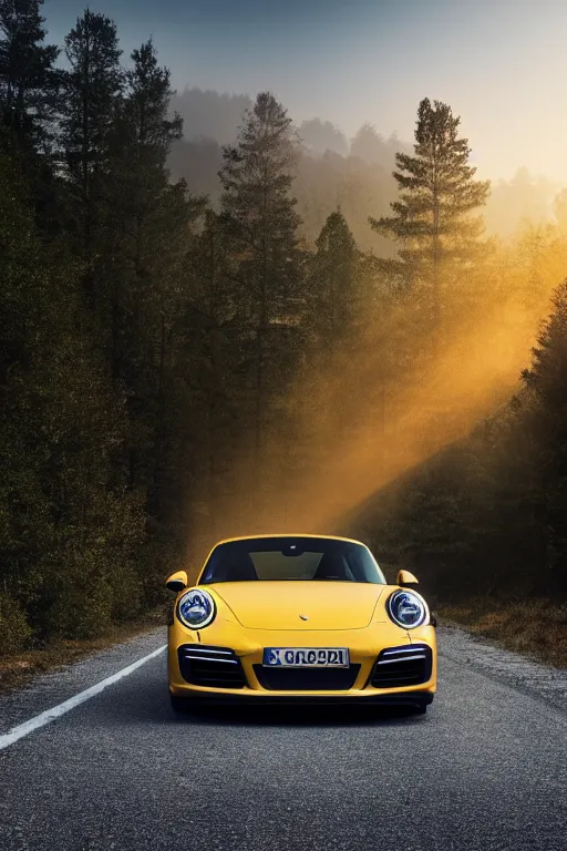 Prompt: Phot of a Porsche 911 Carrera 3.2 parked on a road, forest in the background, volumetric lighting, golden hour, fog, award winning, highly detailed, photo print.