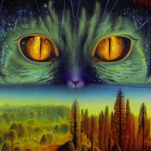 Image similar to psychedelic amber eyes cat eyes lush pine forest, outer space, milky way, designed by arnold bocklin, jules bastien - lepage, tarsila do amaral, wayne barlowe and gustave baumann, cheval michael, trending on artstation, star, sharp focus, colorful refracted sparkles and lines, soft light, 8 k 4 k