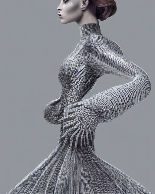 Image similar to a beautiful hyperrealistic ultradetailed 3D, one girl in a magnificent McQueen couture dress on Gray backdrop for photo, photo studio, studio photography, studio light, photo for magazine, Designer clothes, futuristic clothes, clothes from the future, voge photo, fashion style, fullbody, in full growth, Clear facial features, photorealistic, high resolution, trending on artstation, highly detailed, elegant, details, good clear quality, volumetric lighting,