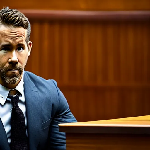 Image similar to ryan reynolds on trial in a court room, highly detailed, extremely high quality, hd, 4 k, 8 k, professional photographer, 4 0 mp, lifelike, top - rated, award winning, realistic, detailed lighting, detailed shadows, sharp, no blur, edited, corrected, trending