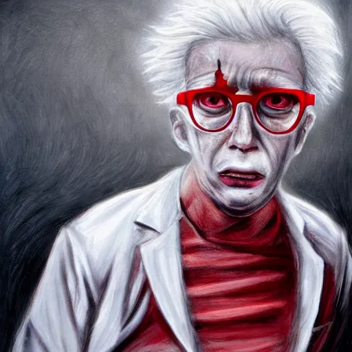 Prompt: man with white skin, white hair, wearing red tainted glasses, horror, art by David Romero