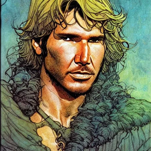 Image similar to a realistic, very beautiful and atmospheric portrait of young harrison ford as a druidic warrior wizard looking at the camera with an intelligent gaze by rebecca guay, michael kaluta, charles vess and jean moebius giraud