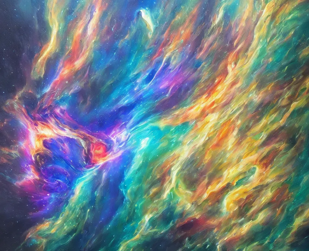Image similar to an abstract oil painting of an unbelievably beautiful space nebula ; swirling sheets of light and fire ; hyper - detailed ; an extraordinary masterpiece!!! ; flawless ; trending on artstation