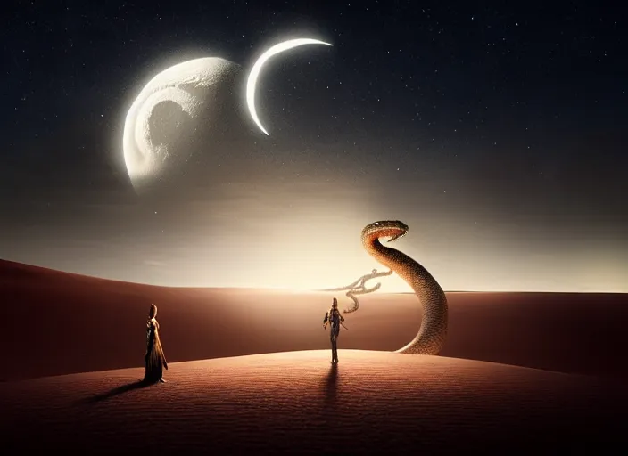 Image similar to giant snake on a moonlit desert, fantasy, d & d, art by artgerm and greg rutkowski, cinematic shot, intricate, ornate, photorealistic, ultra detailed, trending artstaition, realistic, 1 0 0 mm, photography, octane, high definition, depth of field, bokeh, 8 k