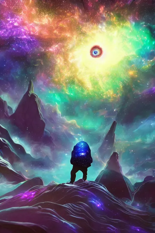 Prompt: galaxy bender experiencing the quantum field, elevated consciousness, beautiful astrological neural network, bob ross matte painting and tim burton comic book art, realistic, trending on artstation, sharp focus, depth of field, cinematic composition, physics splashes of colors, unreal engine magic galaxy tree, octane render