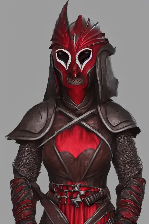 Image similar to female adventurer in tight full - body ebony leather armor of dunmer design with dark red cloth underneath and with a red porcelain crow mask, trending in artstation, establishing shot