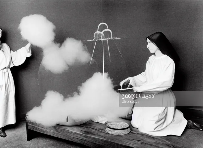 Prompt: realistic photo two medieval female scientists wearing white cotton doing an experiment with a cloud and rainbow, living room interior is made of wood 1 9 9 0, life magazine reportage photo