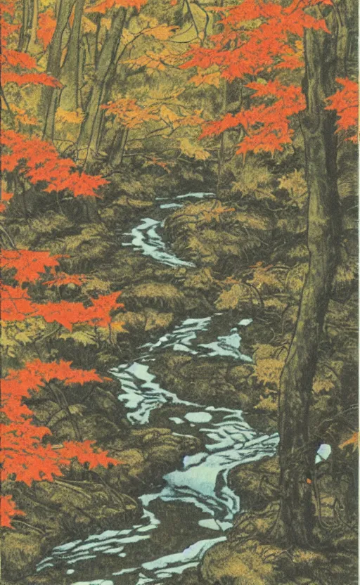 Image similar to by akio watanabe, manga art, a maple forest opens to a water stream, fall season, trading card front