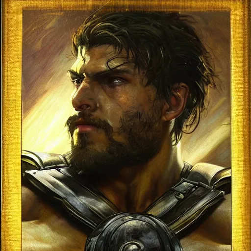 Image similar to handsome portrait of a spartan guy bodybuilder posing, radiant light, caustics, war hero, metal gear solid, by gaston bussiere, steel ball run cover art