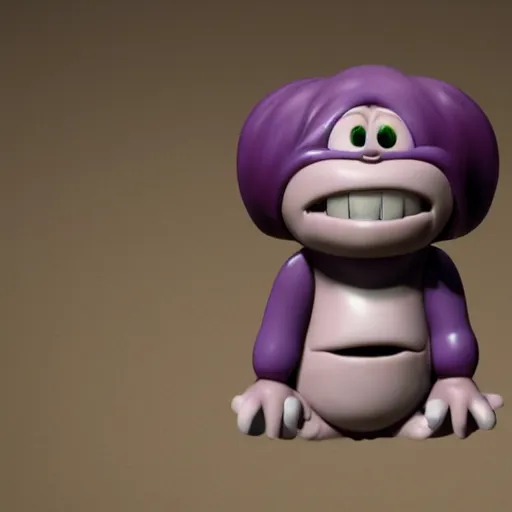 Prompt: purple clay character, laughing, studio ghibli looking at the camera, cute anime style, octane render