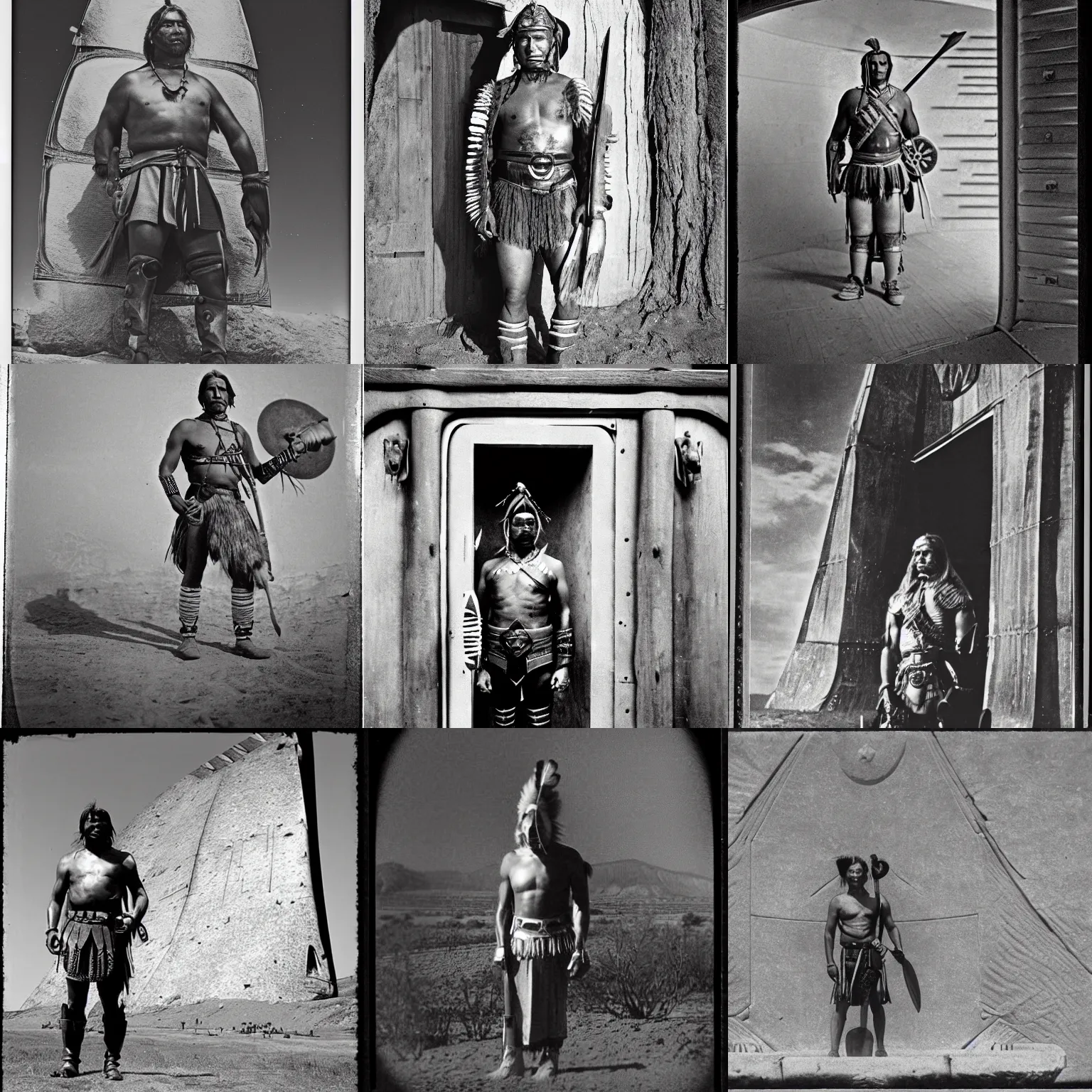 Prompt: portrait of Iroquois warrior standing in front of the space ship entrance, vintage old photo, black and white, sepia,