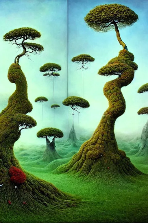 Image similar to surreal landscape, surrealism, bonsai forest, esao andrews, victor enrich, dali