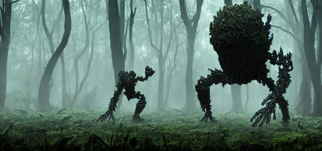 Image similar to a complex organic fractal 3 d metallic symbiotic ceramic humanoid megastructure creature in a swampy lush forest, foggy, sun rays, cinematic shot, photo still from movie by denis villeneuve, wayne barlowe