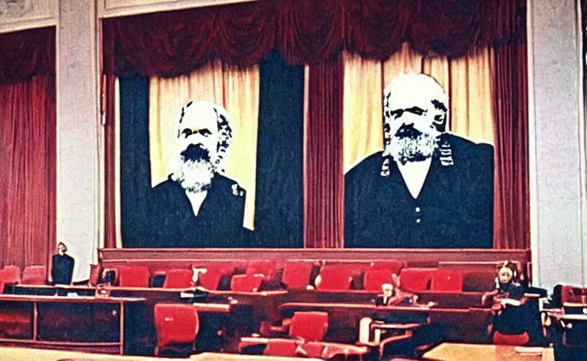 Prompt: 60s movie still of a stalinist style sovietic parlement with a giant portrait of Karl Marx, by Irving Penn , cinestill 800t 35mm eastmancolor, heavy grainy picture, very detailed, high quality, 4k, HD criterion, precise texture, panoramic, cinematic