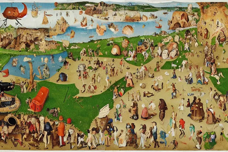 Image similar to an elaborate and dense painting of a kids road carpet map, detailed, made of alcohol ink on parchment and penned illustrations, by wes anderson and ( ( ( ( ( hieronymus bosch ) ) ) ) ) and geoff darrow!!!!!