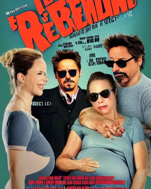 Prompt: movie poster for weekend at bernie's 3, pregnant robert downey jr in a wheelchair with dark sunglasses, pregnant robert downey jr. in a wheelchair pallid grey facial flesh, cinematic lighting, rigor mortis pregnant inanimate corpse in a wheelchair, movie poster for pregnant robert downey starring in weekend at bernie's, bernie
