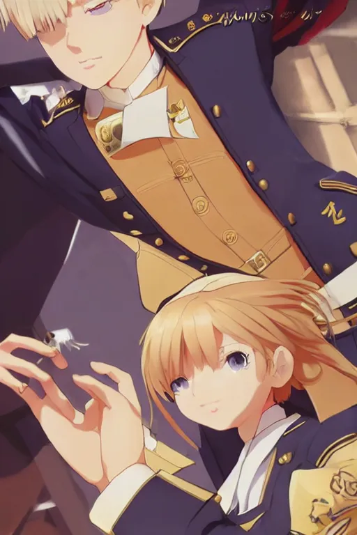 Image similar to key visual concept art, portrait of stern anime girl blonde hair blue eyes wearing formal military dress uniform saluting at a full honors military funeral, somber, rule of thirds golden ratio, fake detail, trending pixiv fanbox, acrylic palette knife, style of shinkai makoto studio ghibli genshin impact