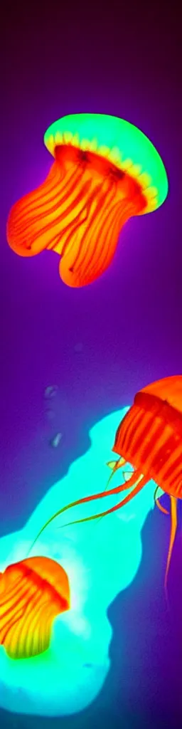 Prompt: a deep sea semi - translucent bioluminescent jellyfish colored purple and orange, hyperrealistic, extremely detailed, underwater photography