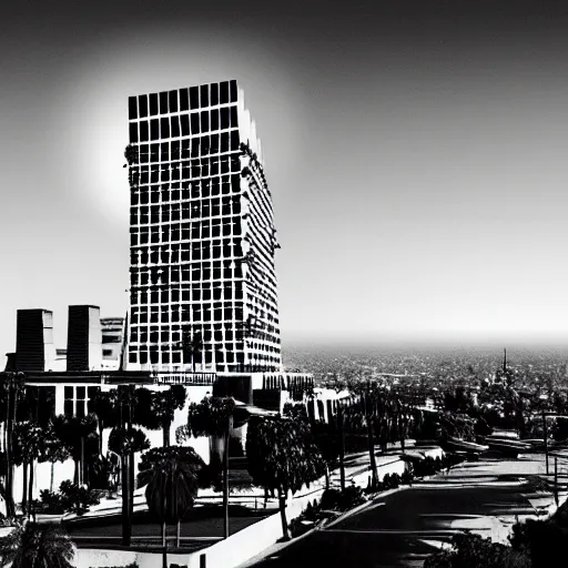 Prompt: Capitol records building in Los Angeles in ruins, apocalypse, black and white, highly detailed, red, hyperrealistic, artstation, future