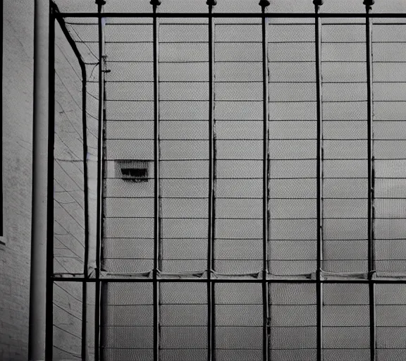 Prompt: Joachim Brohm photo of 'thanos laughing behind jail bars', high contrast, high exposure photo, monochrome, DLSR, grainy