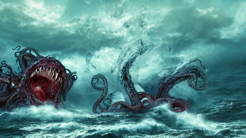 Image similar to a huge monster of the deep emerges out of the crashing waves to attack a small fishing boat, tentacles, horror, cinematic lighting, Technicolor, global illumination