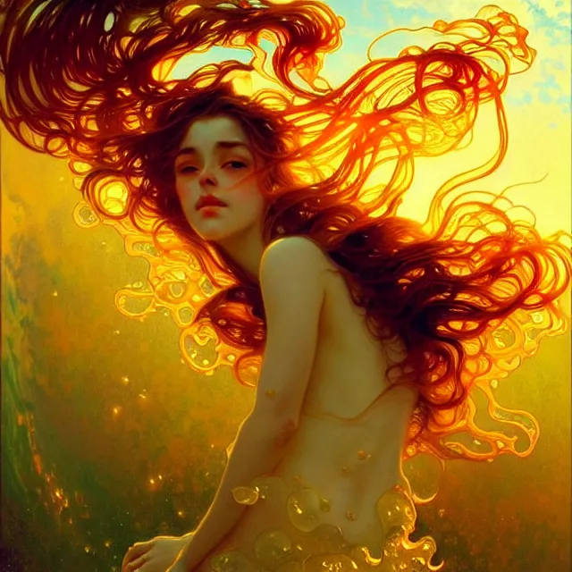 Image similar to mind bending ocean waves of glossy liquid honey drops flowing like psychedelic translucent amber, lsd waves, lsd ripples, backlit, sunset, refracted lighting, art by collier, albert aublet, krenz cushart, artem demura, alphonse mucha