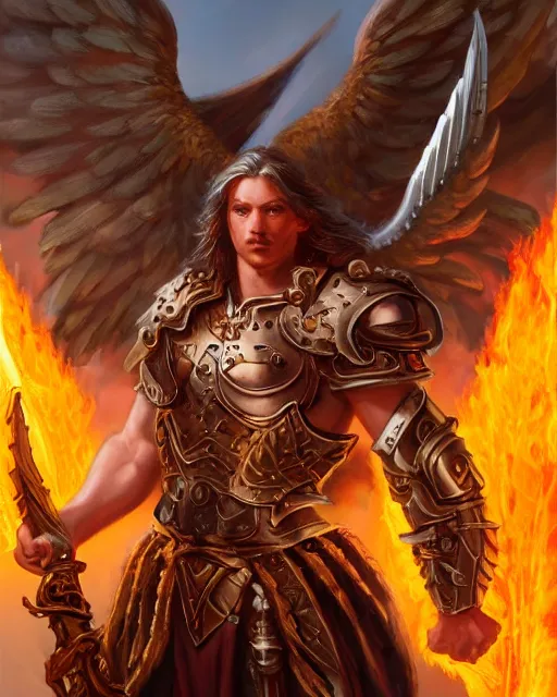 Prompt: character portrait of a brawny male warrior angel of justice, with fiery golden wings made of flame, wearing shining armor, wielding a flaming sword and shield, by peter mohrbacher, mark brooks, jim burns, wadim kashin, greg rutkowski, larry elmore, trending on artstation