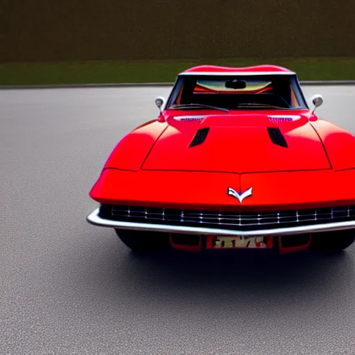 Prompt: The car is Corvette C2 1969, red paint, in a blank studio room. The car is on a perfectly flat floor. Front profile view.