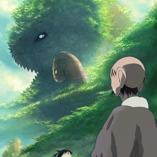 Prompt: guy and a friendly creature in the spirited away style, 4k art, high detail, smooth, anime beautiful peace scene, detailed face, studio ghibli, sharp focus high quality, fantasy, forest, detailed, wonderful, sky,