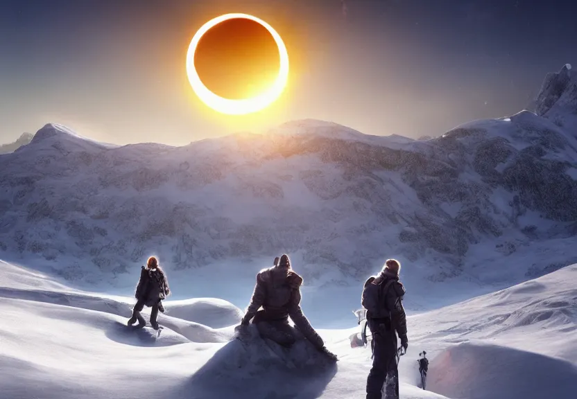 Image similar to fully photorealistic eclipse at sunrise on snowy mountaintop, distant glowing figures, masterpiece composition, art by john collier, albert aublet, artem demura, alphonse mucha, sharper luminescent focus, nd 6, hdr, movie still, cinematic diffuse lighting, artstation, textless, sharp focus