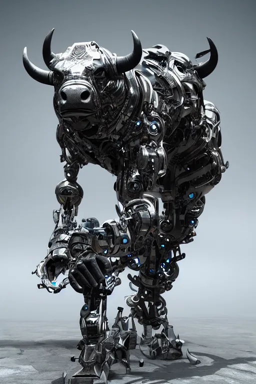 Image similar to a full body shot of a cyborg ( bull ) modeled after a bull looking into the camera, android, cyborg, full body shot, intricate, 3 d, hyper realism, fantasy, depth of field, octane render, symmetrical, highly detailed, digital art, artstation, concept art, cinematic lighting, trending