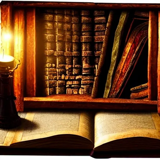 Prompt: fantasy medieval interior room, codex open books ancient scrolls maps artifacts wooden desk shelves glass flasks bottles candle wooden floor, open window moonlit night, colorful, intricately detailed, finely textured, cgsociety