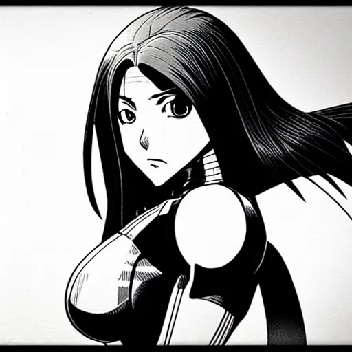 Image similar to alita by yukito kishiro. medium shot. black and white manga. pencil drawing.