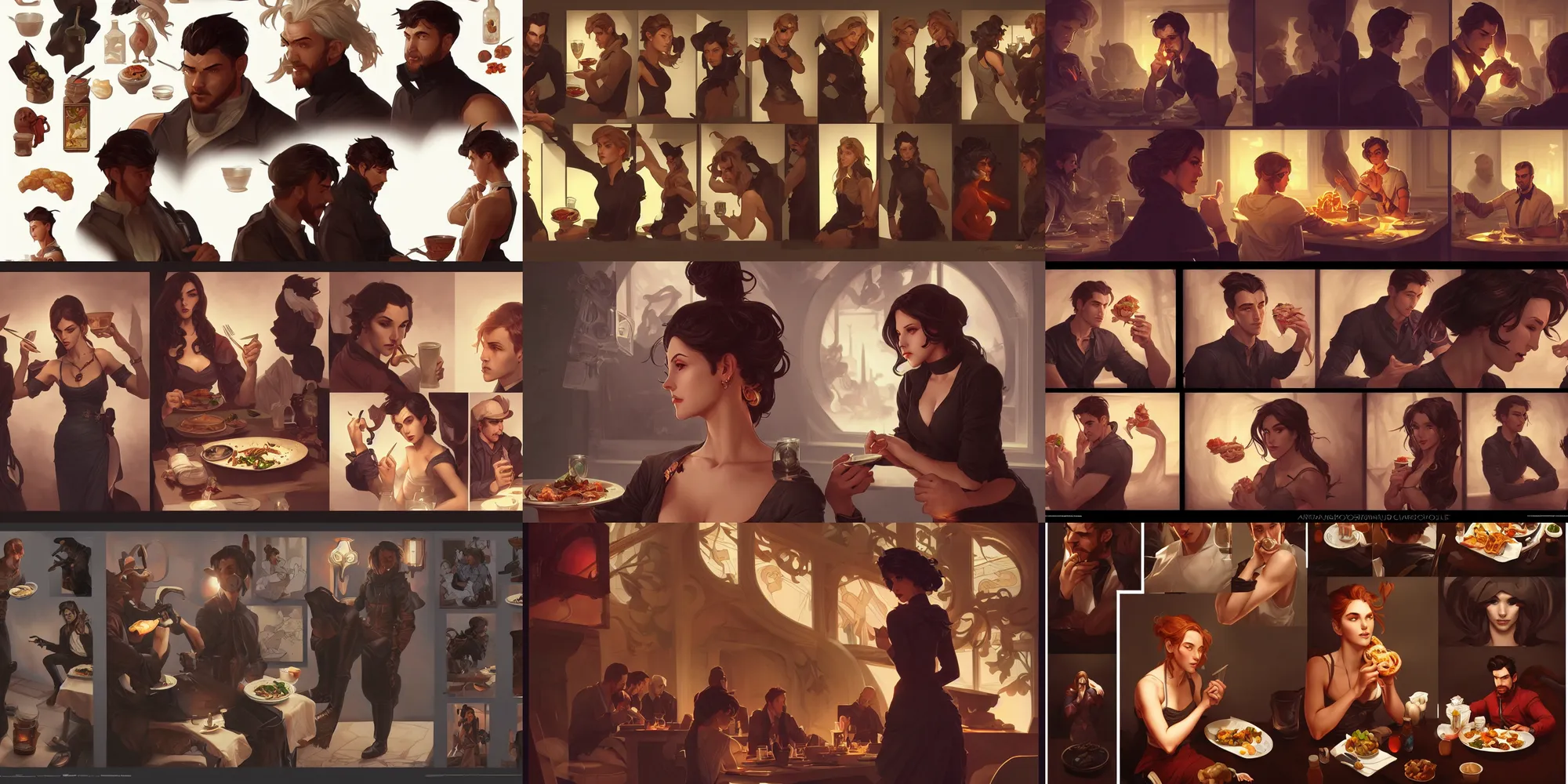 Prompt: ryan raynolds eating dinner, character sheet, character design, contrast, deep focus, turnaround, highly detailed, dramatic lighting, digital painting, artstation, concept art, matte, sharp focus, illustration, elegant, art by artgerm and greg f and alphonse mucha.