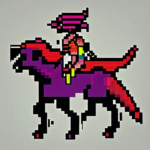 Image similar to pixel art, warrior queen on a dire wolf riding onto battle