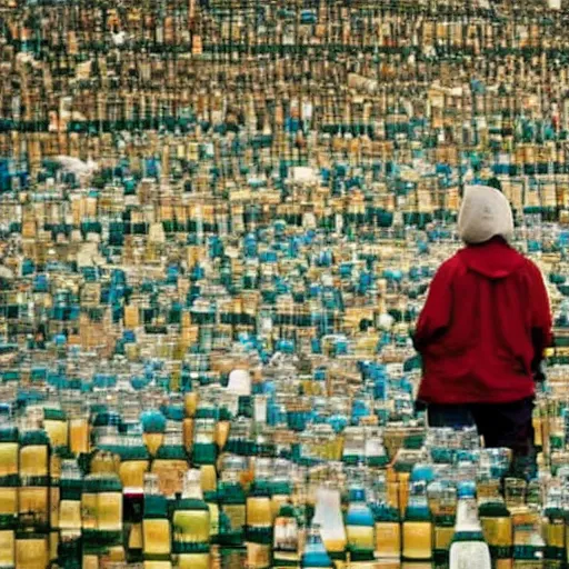 Image similar to hobo on sea with million bottles