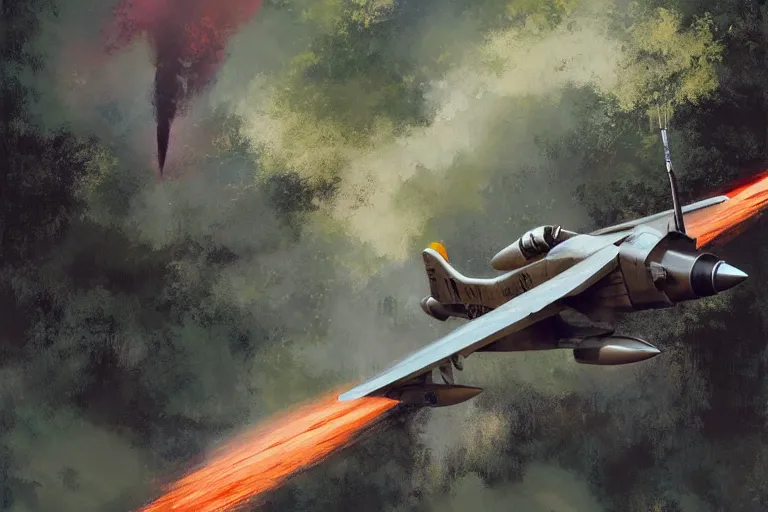 Image similar to dieselpunk digital illustration of a rocket fighter breaking the sound barrier low across a tropical rainforest by craig mullins