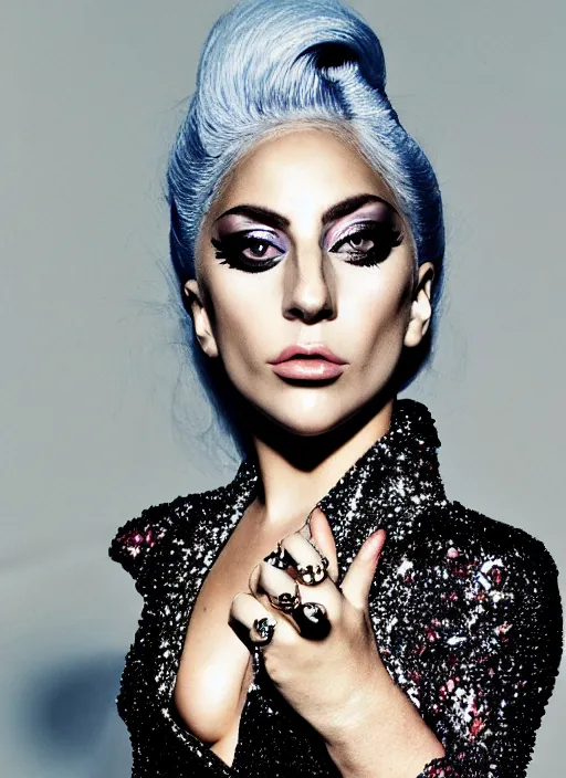 Prompt: lady gaga styled by nick knight posing, serving, slay, iconic, vogue magazine, canon, highly realistic. high resolution. highly detailed. dramatic. 8 k. 4 k.