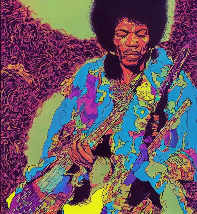 Image similar to jimi hendrix full body, colourful afrofuturist biomorphic scifi opart in background by moebius and roger dean, 8 k