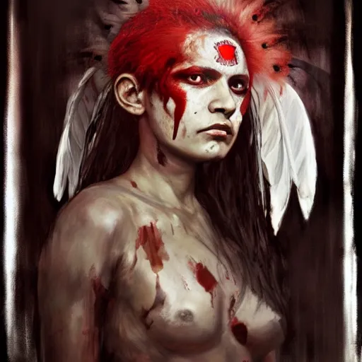 Prompt: portrait of the death angel, beautiful female face, angelic, dark, blood, by jeremy mann, by lucian freud, god rays, female indigenous warrior, warrior face painting red, wings, holding a weapon, intricate, highly detailed, trending on artstation, award winning, cinematic