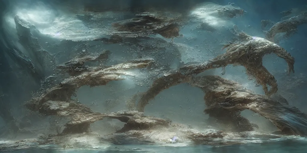 Image similar to study material with side perspective, transparent water River flow, realistic water foam,agua droplets, underwater, bridge made of water ,physically based rendering, defined features by ellen jewett, tomasz alen kopera and Justin Gerard