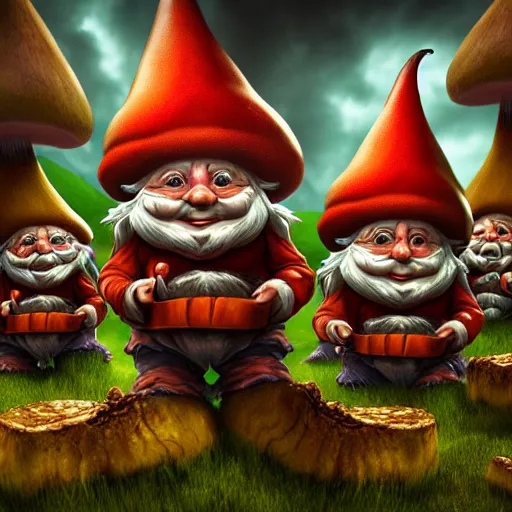 Image similar to a portrait of a scary gnomes in a poison mushroom village, highly detailed, digital photo, hdri, by christopher bretz and john carpenter, vivid colors, high contrast, 8 k resolution, intricate, photorealistic, smooth, psychedelic color scheme, concept art, award winning, cg society contest winner