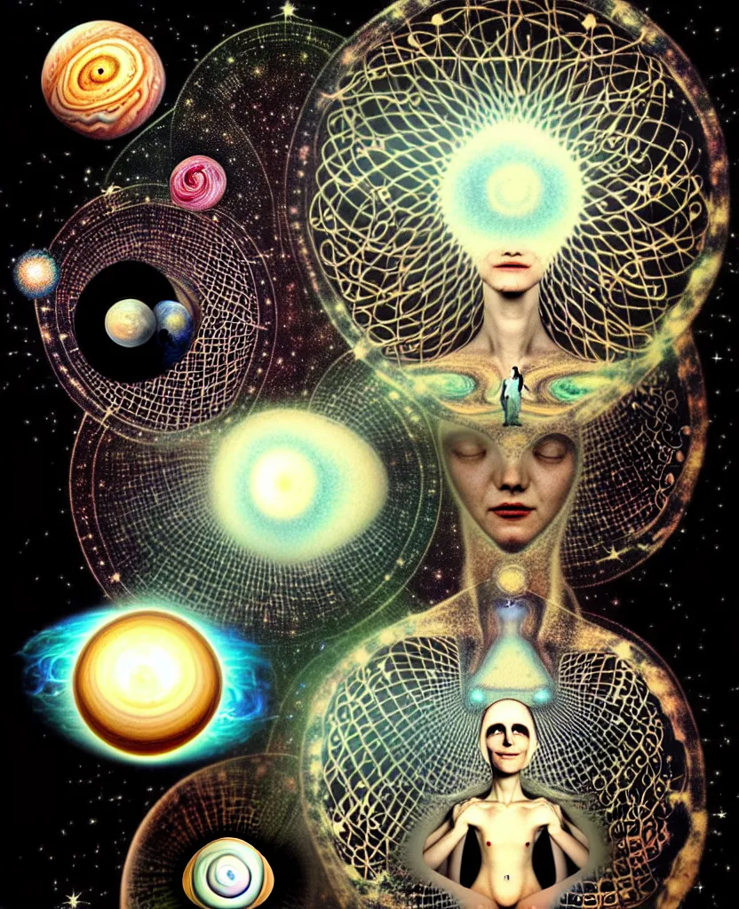 Image similar to inside the universe of a human body soul, whimsical uncanny creature alchemizes unique canto about'as above so below'being ignited by the spirit of haeckel and robert fludd, breakthrough is iminent, glory be to the magic within, to honor jupiter, surreal collage by ronny khalil