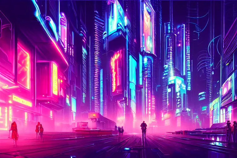 Prompt: painting of a modern cyberpunk city, neon lights, fine details, magali villeneuve, artgerm, rutkowski