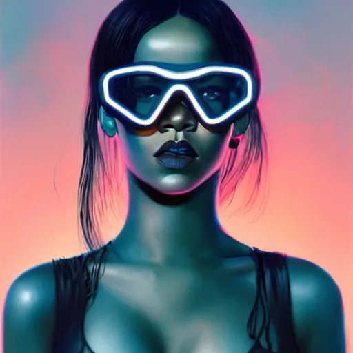 Image similar to Rihanna wearing opaque reflective goggles profile picture by Greg Rutkowski, brown skin, very long hair, dune, asymmetrical, futuristic, neon volumetric lights, cool colors, streetwear, studio ghibli, Organic Painting , Matte Painting, geometric shapes, hard edges, street art, trending on the artstation, fantasy LUT, realistic by Sachin Teng + Martin Grip + Moebius + Patrick Gleason, smooth, sharp focus, illustration, art by John Collier and Albert Aublet and Krenz Cushart and Artem Demura and Alphonse Mucha, techwear, Industrial Scifi, detailed illustration, character portrait,